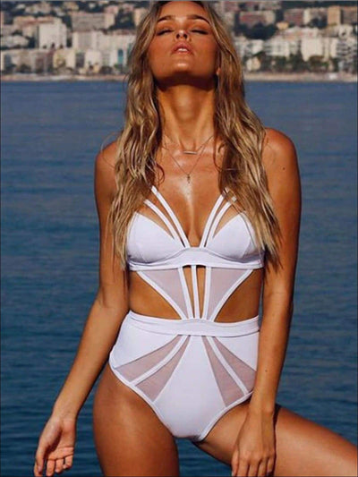 Womens Backless High Waist Mesh One Piece Swimsuit - White / S - Womens Swimsuit