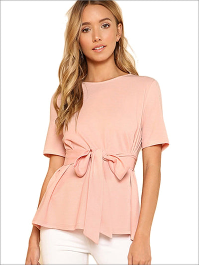 Womens Basic Belted Short Sleeve Blouse - Womens Tops