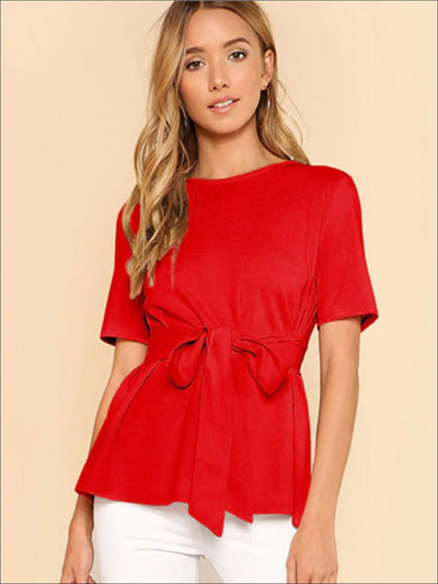 Womens Basic Belted Short Sleeve Blouse - Womens Tops