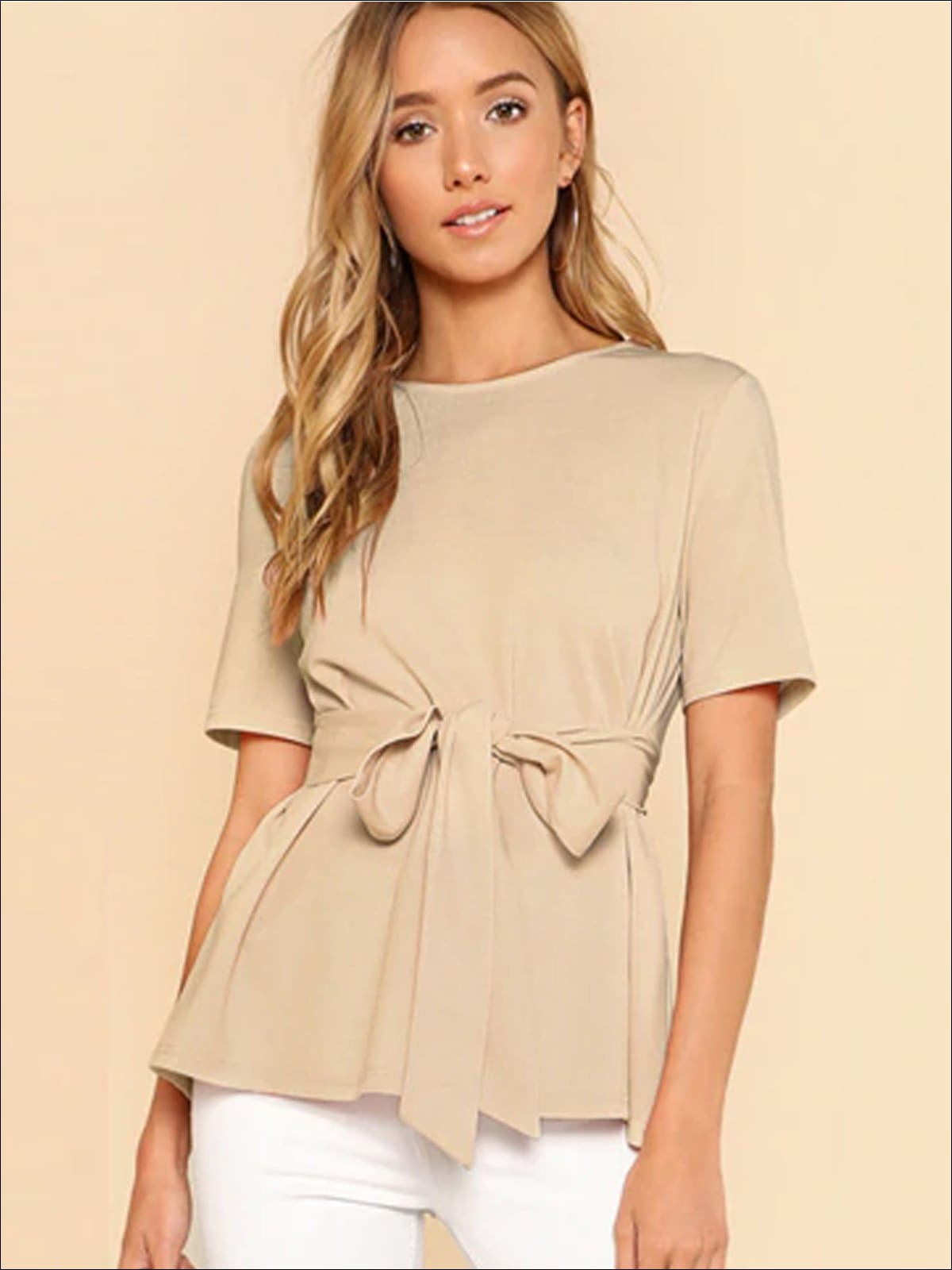 Womens Basic Belted Short Sleeve Blouse - Beige / XS - Womens Tops