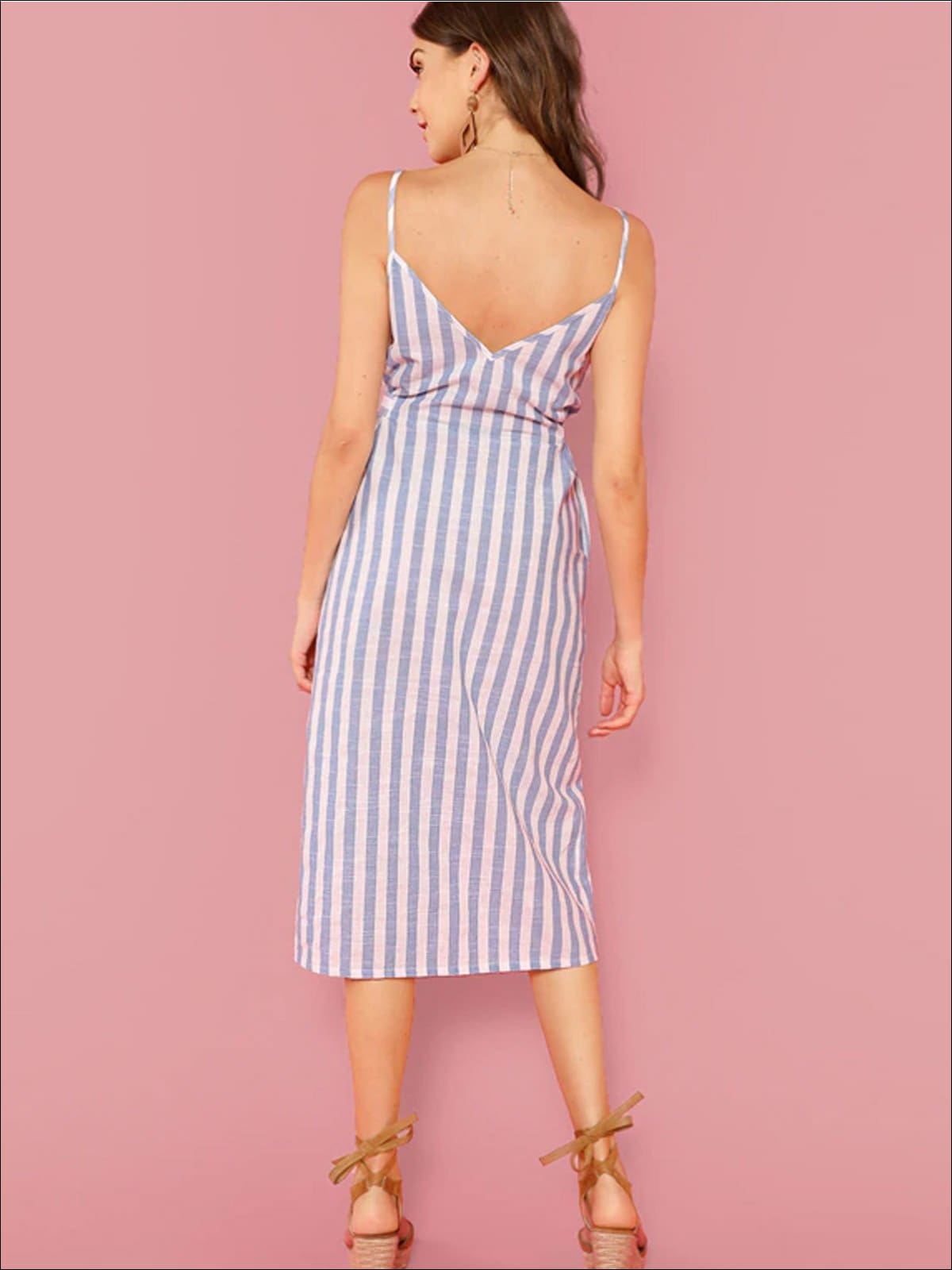 Womens Belted Striped Midi Dress With Side Pockets - Womens Dresses