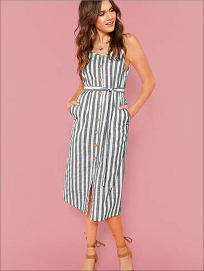 Womens Belted Striped Midi Dress With Side Pockets - Black / XS - Womens Dresses