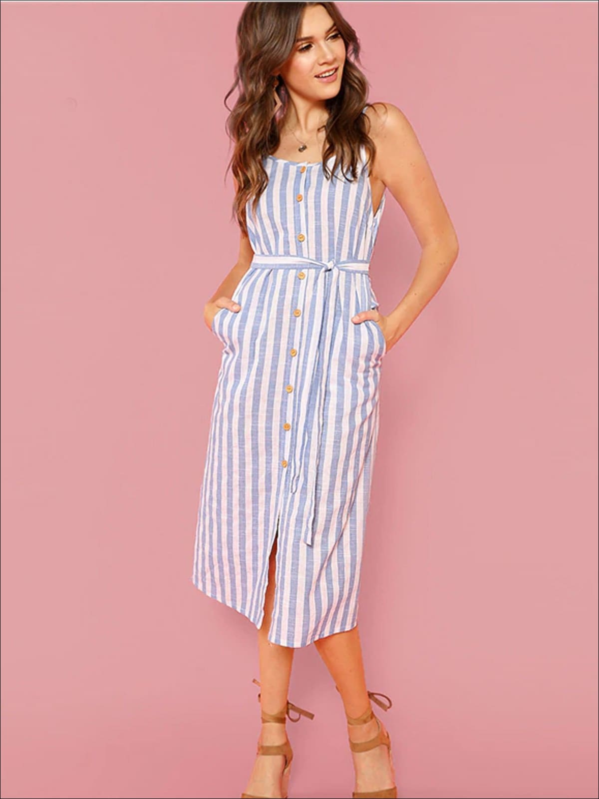 Womens Belted Striped Midi Dress With Side Pockets - Blue / XS - Womens Dresses