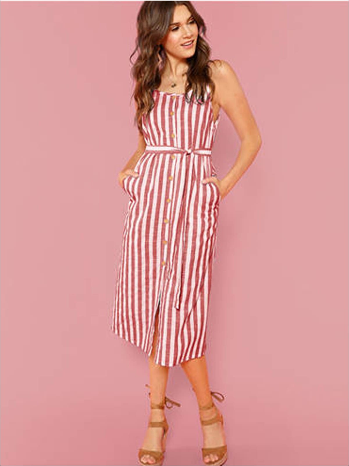 Womens Belted Striped Midi Dress With Side Pockets - Red / XS - Womens Dresses