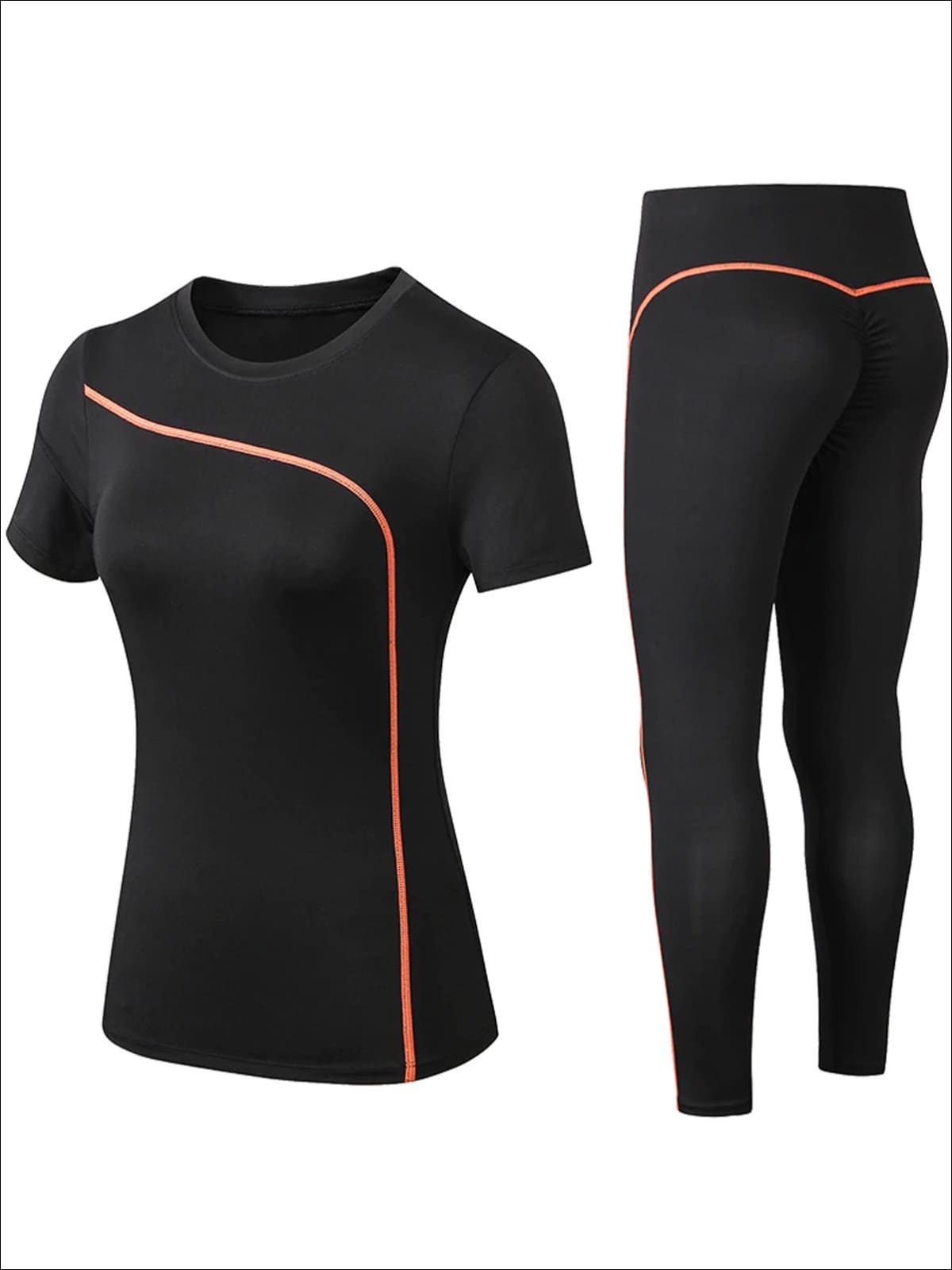 Womens Black Contrast Piping Workout Top & Leggings Set - Orange / S - Womens Activewear