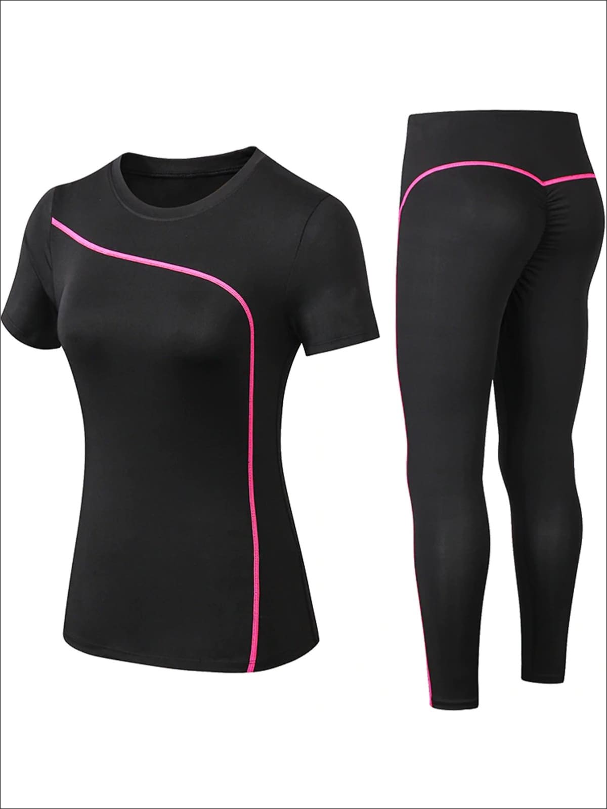 Womens Black Contrast Piping Workout Top & Leggings Set - Pink / S - Womens Activewear