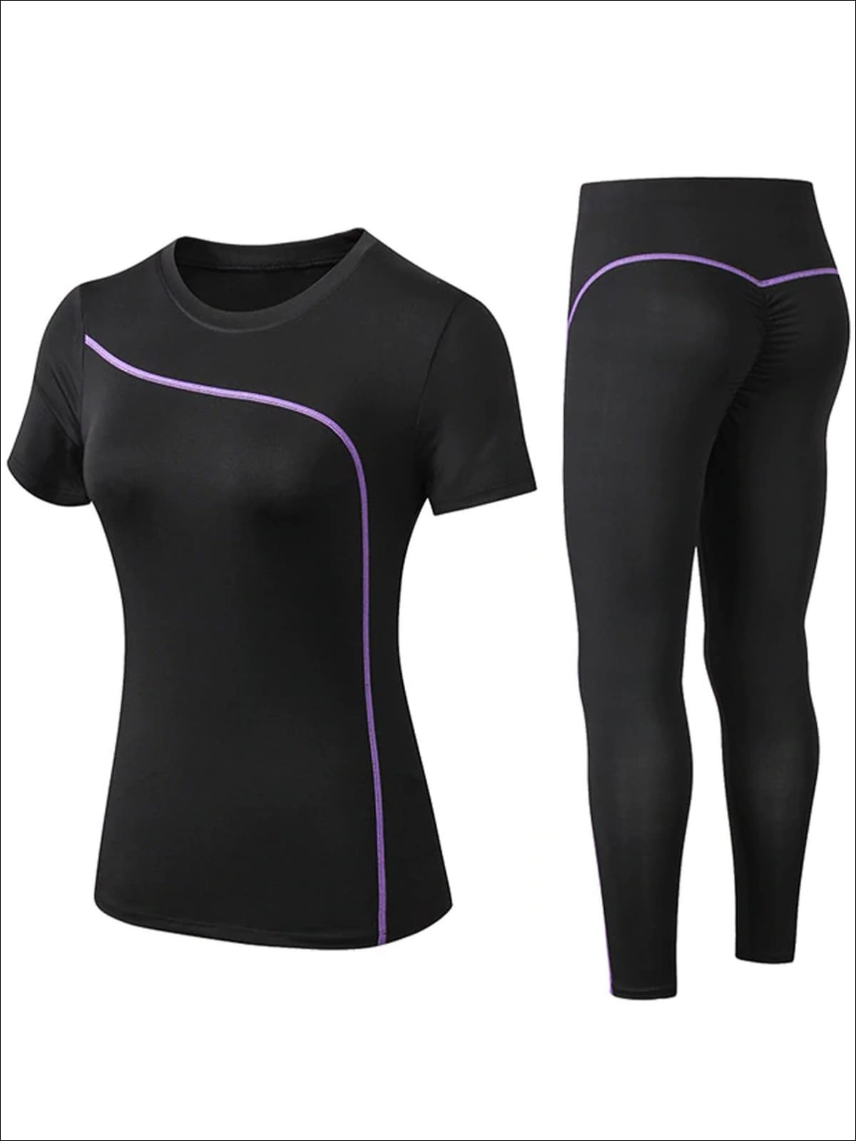 Womens Black Contrast Piping Workout Top & Leggings Set - Purple / S - Womens Activewear