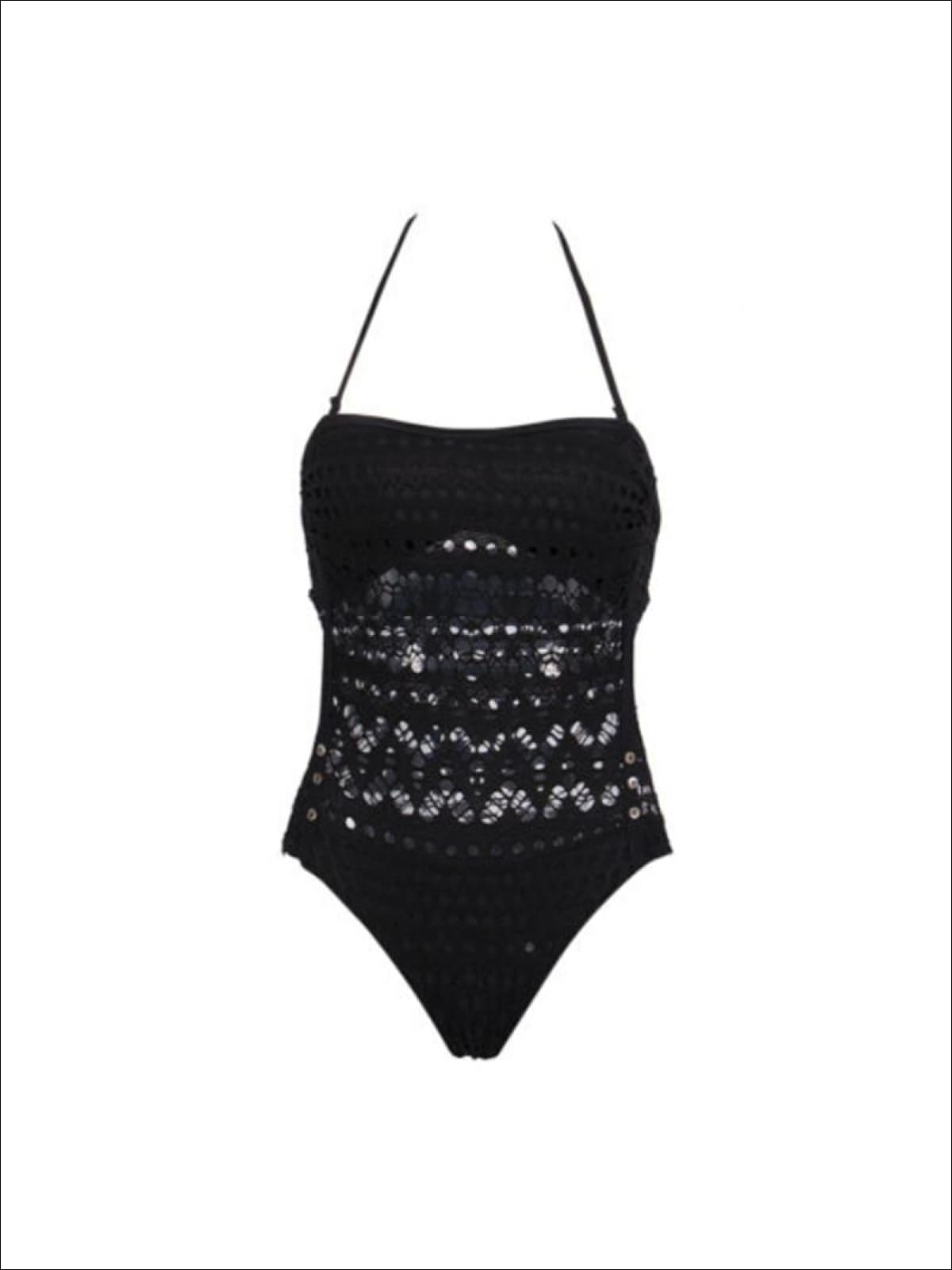 Womens Black Crochet One Piece Plus Size Swimsuit - Womens Swimsuit
