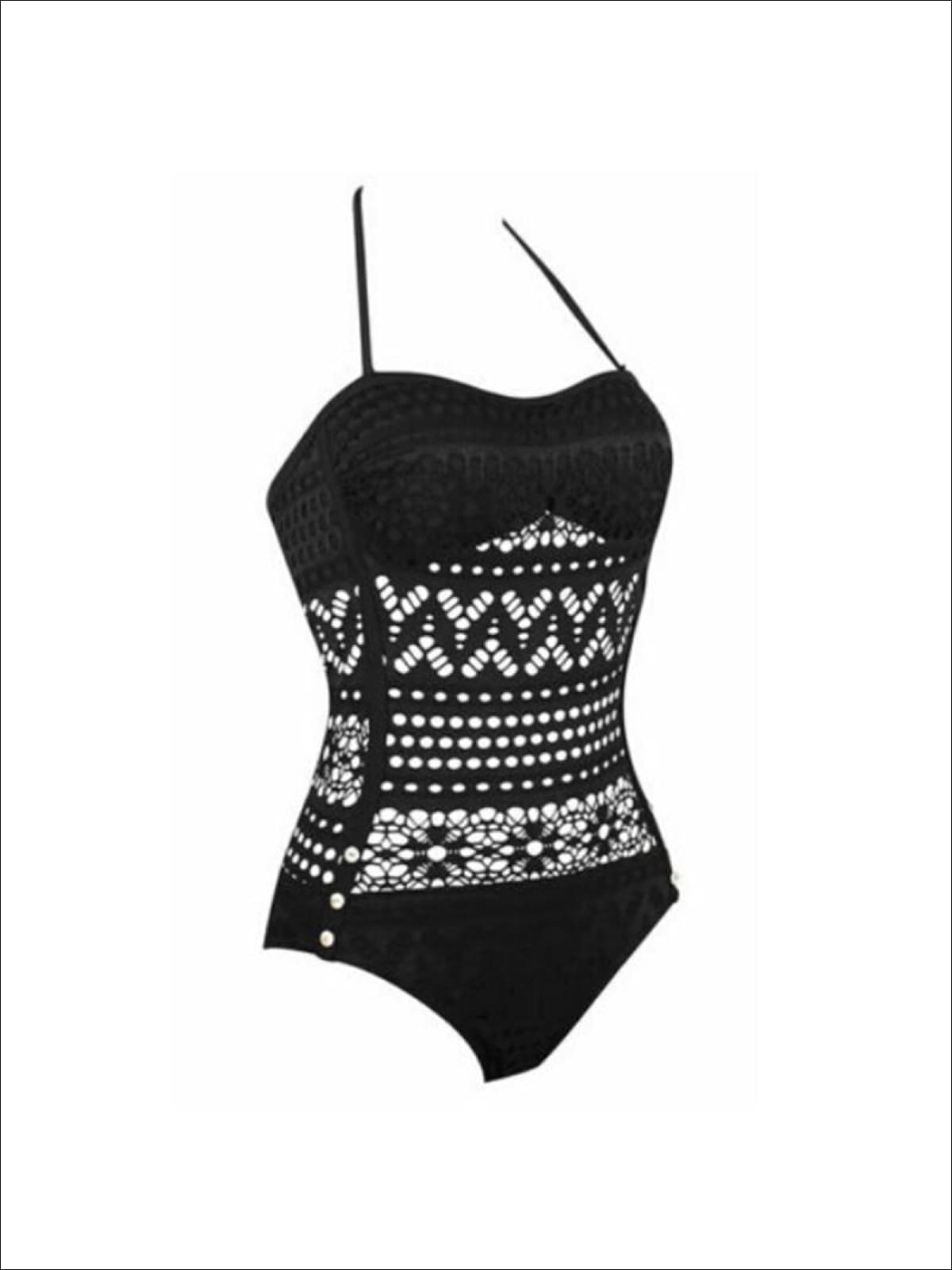 Womens Black Crochet One Piece Plus Size Swimsuit - Womens Swimsuit