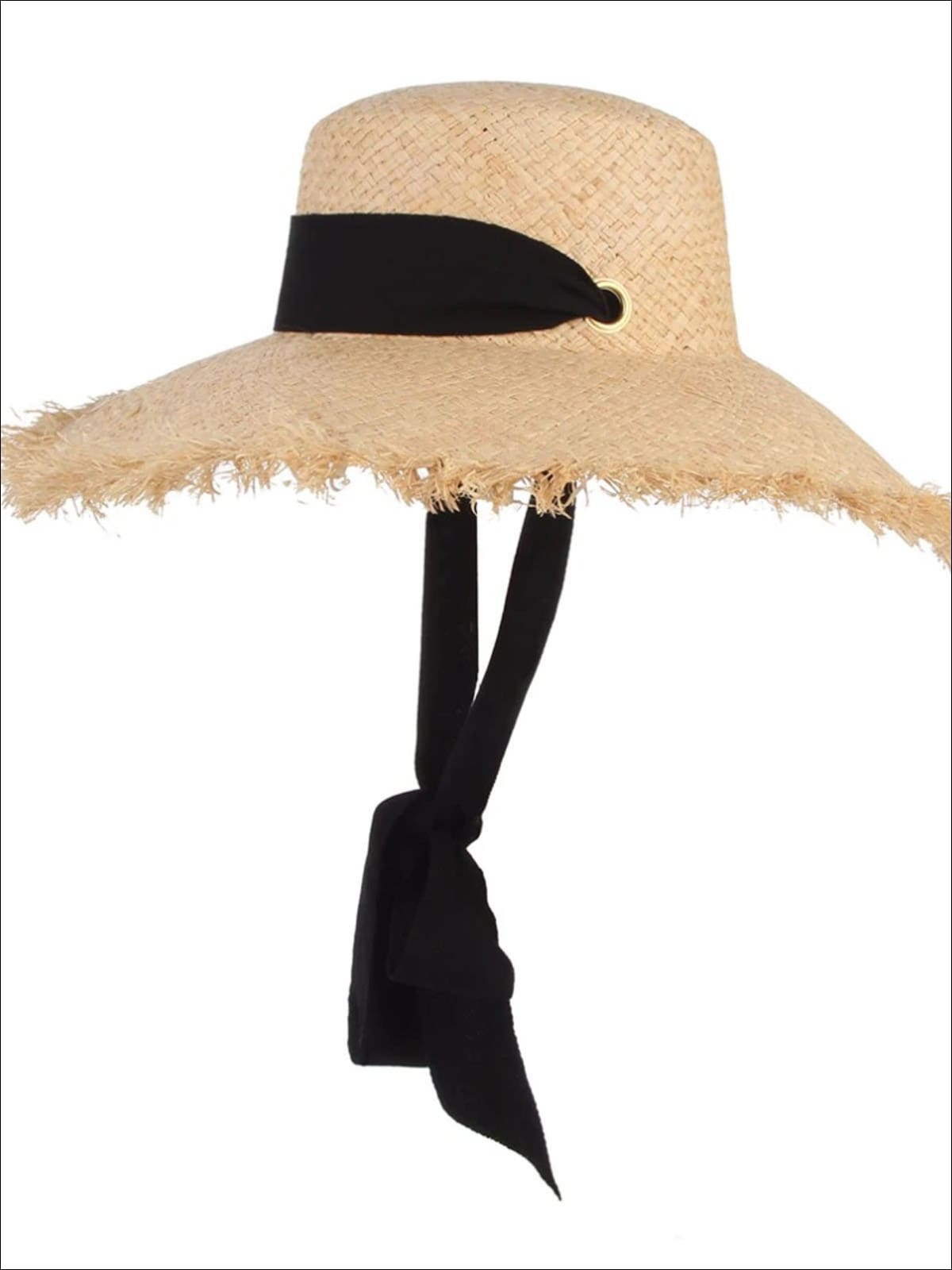 Womens Black Lace Tie Frayed Straw Hat - Womens Accessories