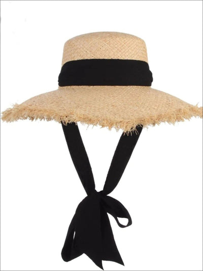 Womens Black Lace Tie Frayed Straw Hat - Black & Brown - Womens Accessories