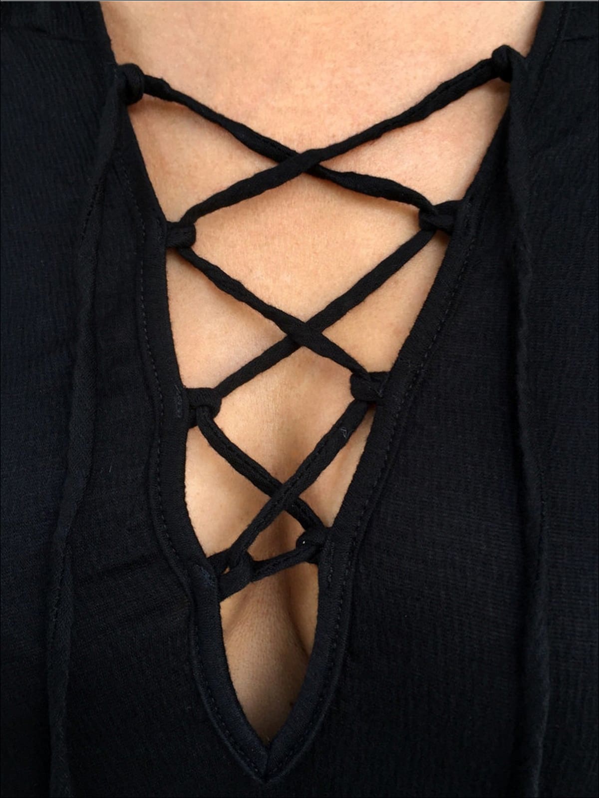 Womens Black Long Sleeve Criss Cross Neck Deep V Tunic - Womens Tops