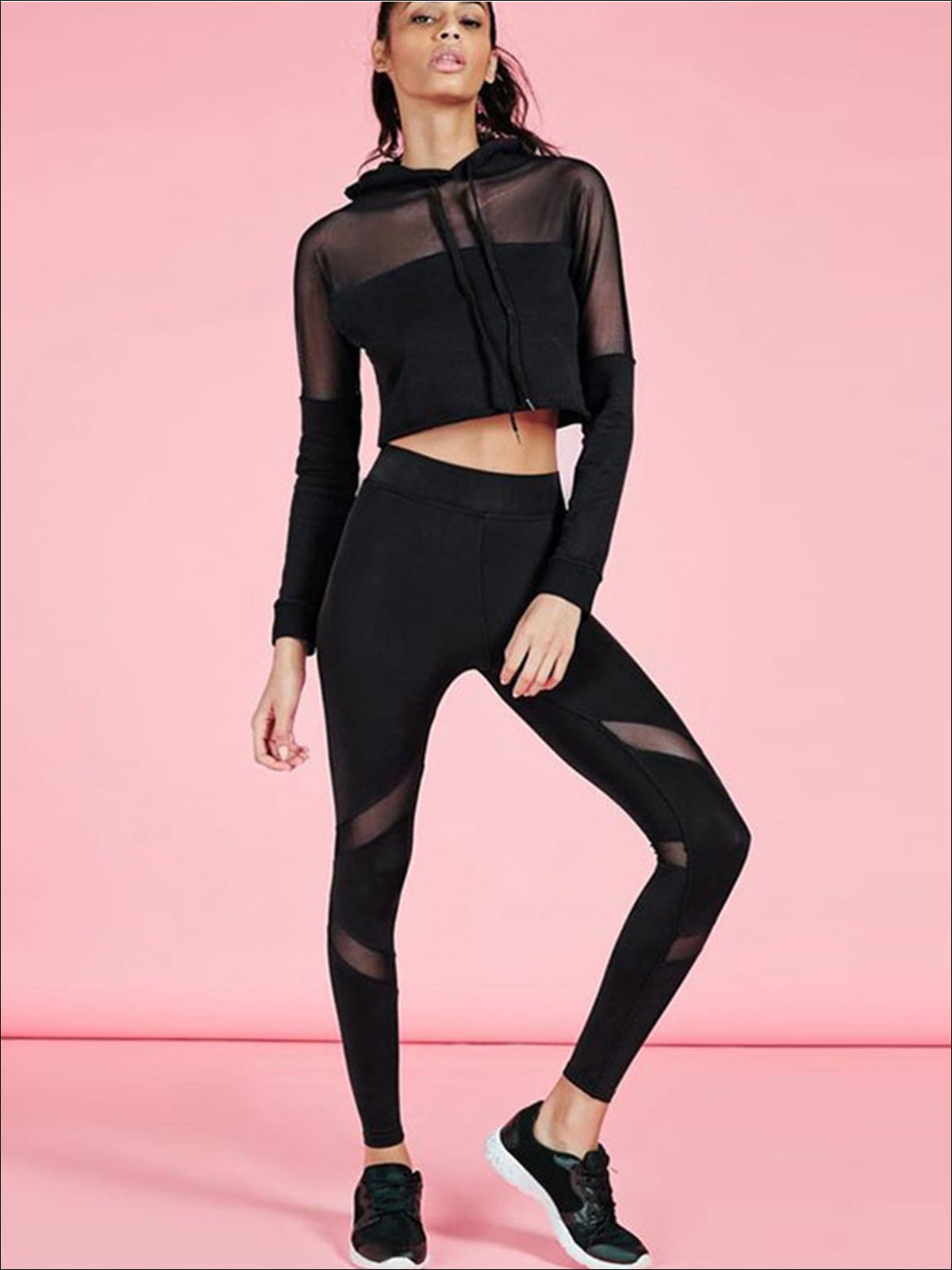 Women's Black Mesh Hooded Long Sleeve Crop Top Leggings Set – Mia Belle  Girls
