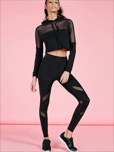 Womens Black Mesh Hooded Long Sleeve Crop Top Leggings Set - Womens Activewear