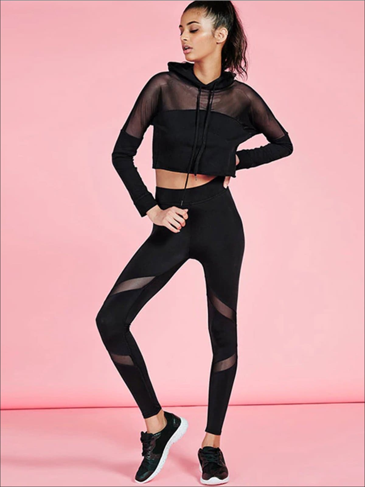 Women's Black Mesh Hooded Long Sleeve Crop Top Leggings Set