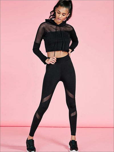 Womens Black Mesh Hooded Long Sleeve Crop Top Leggings Set - Black / S - Womens Activewear