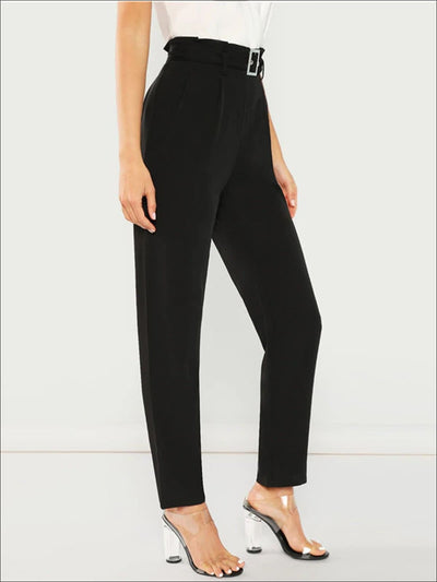 Womens Black Pleated Casual Trousers With Buckle Belt - Womens Bottoms