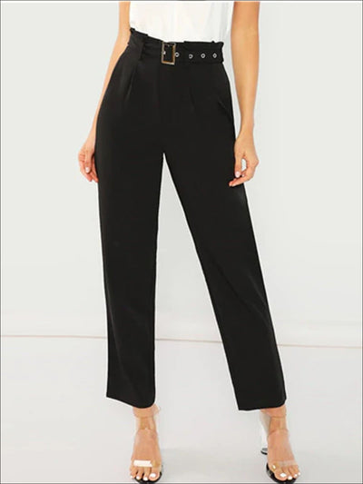 Womens Black Pleated Casual Trousers With Buckle Belt - Black / XS - Womens Bottoms