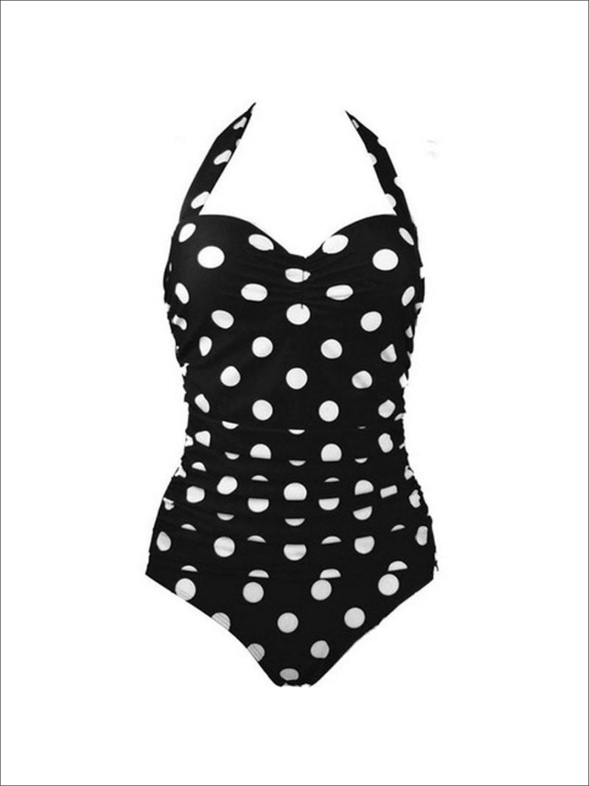 Womens Black Retro Polka Dot Halter One Piece Swimsuit - Womens Swimsuit