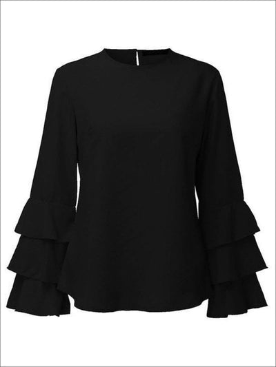 Womens Black Tiered Ruffle Sleeve Blouse - Black / S - Womens Tops