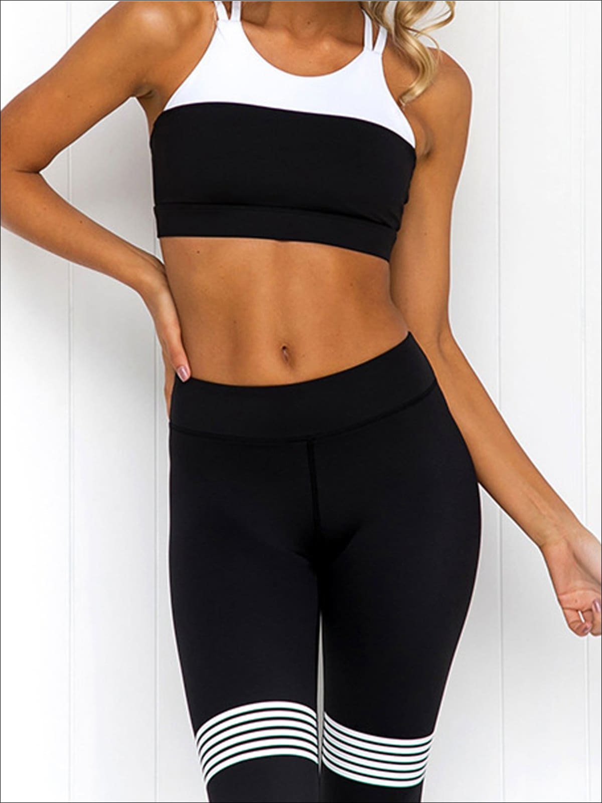 Womens Black & White Strappy Top & Striped Thigh Leggings Set - Womens Activewear