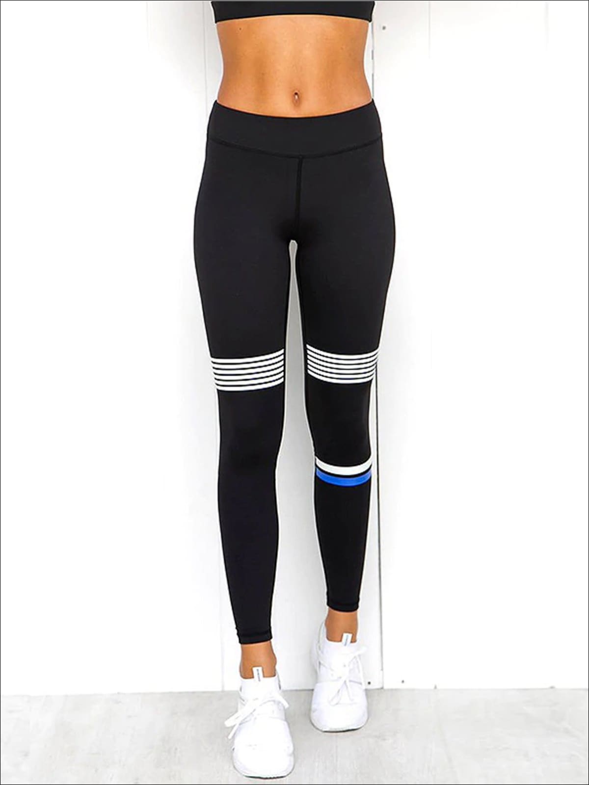 Womens Black & White Strappy Top & Striped Thigh Leggings Set - Womens Activewear