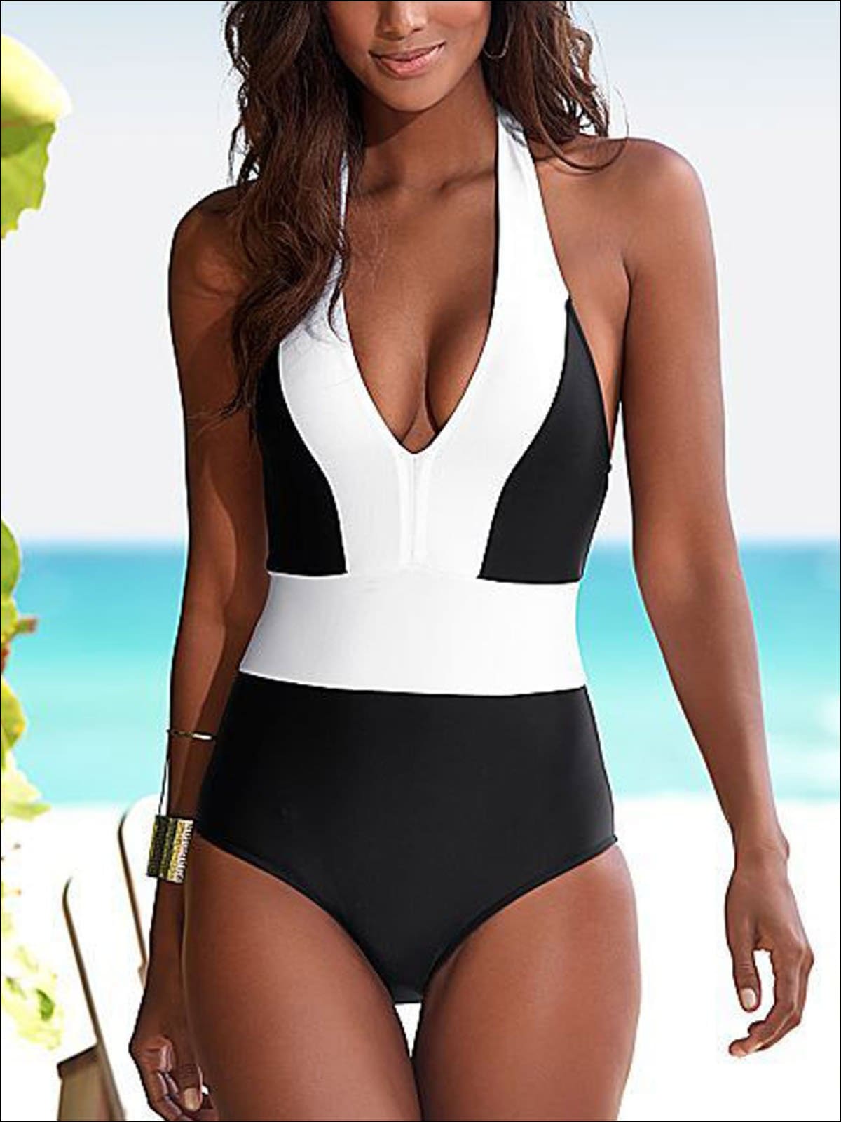 Womens Black/White Colorblock Monokini - Black/White / S - Womens Swimsuits