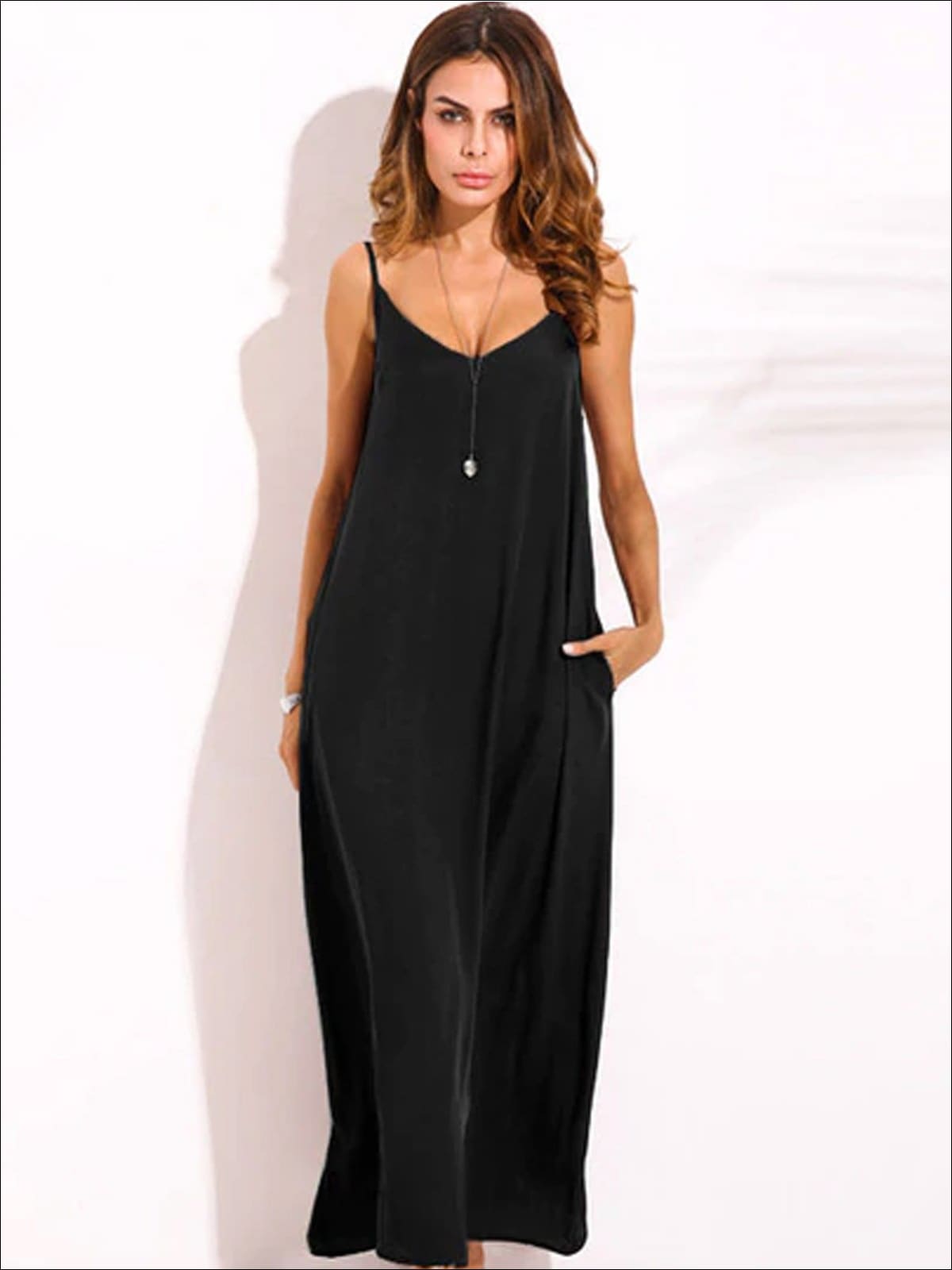 Womens Boho Loose Maxi Dress With Side Pockets - Black / S - Womens Dresses