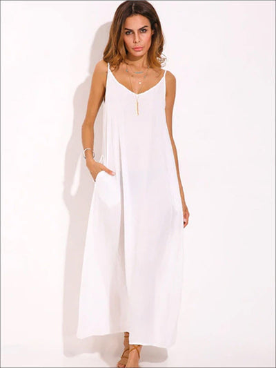 Womens Boho Loose Maxi Dress With Side Pockets - White / S - Womens Dresses