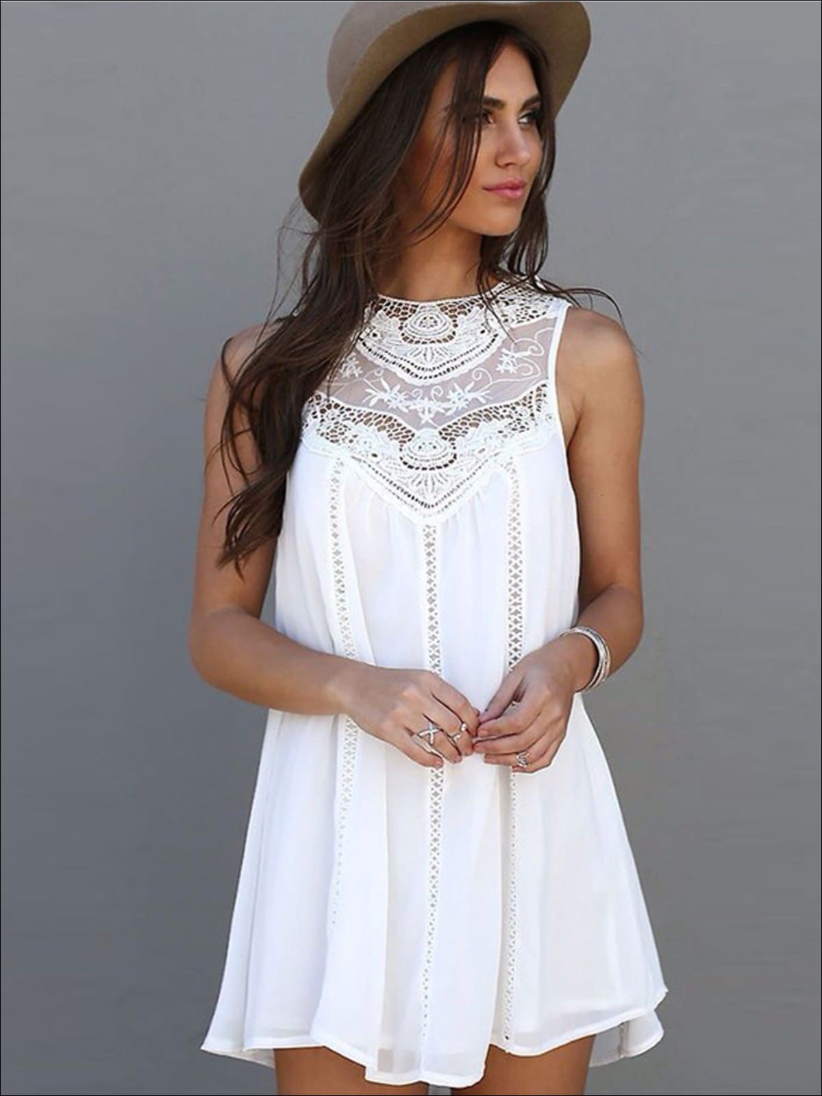 Womens Boho White Lace Sleeveless Tunic Dress - White / S - Womens Dresses