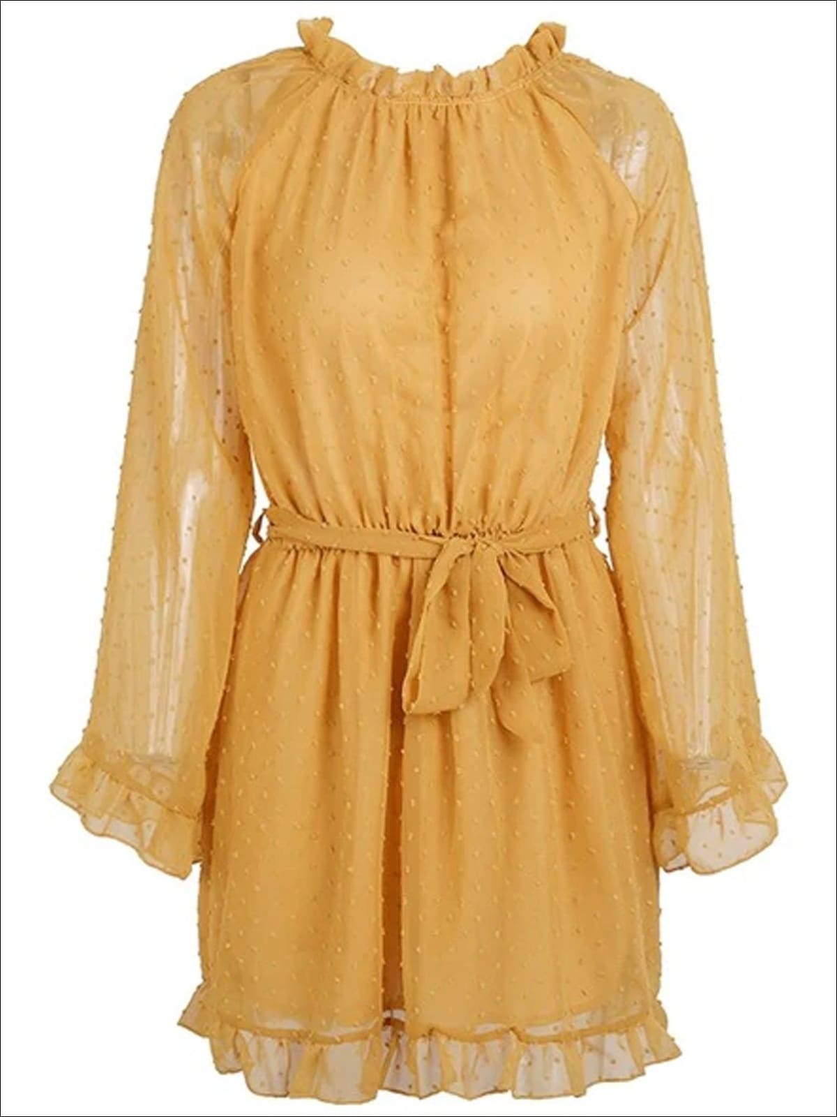 Womens Bow Tie Knot Backless Ruffled Mesh Dress - Yellow / S - Womens Dresses