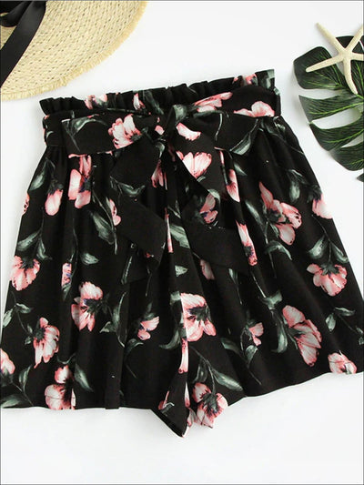 Womens Bow Tie Waist Pleated Floral Shorts - Womens Bottoms