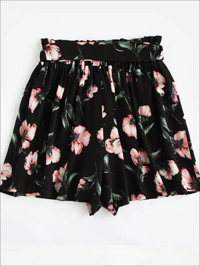Womens Bow Tie Waist Pleated Floral Shorts - Womens Bottoms