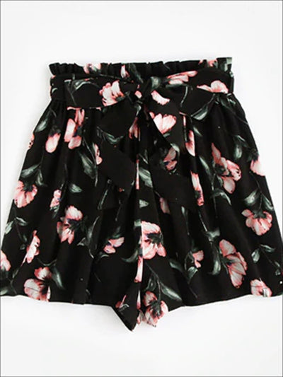 Womens Bow Tie Waist Pleated Floral Shorts - Black / XS - Womens Bottoms