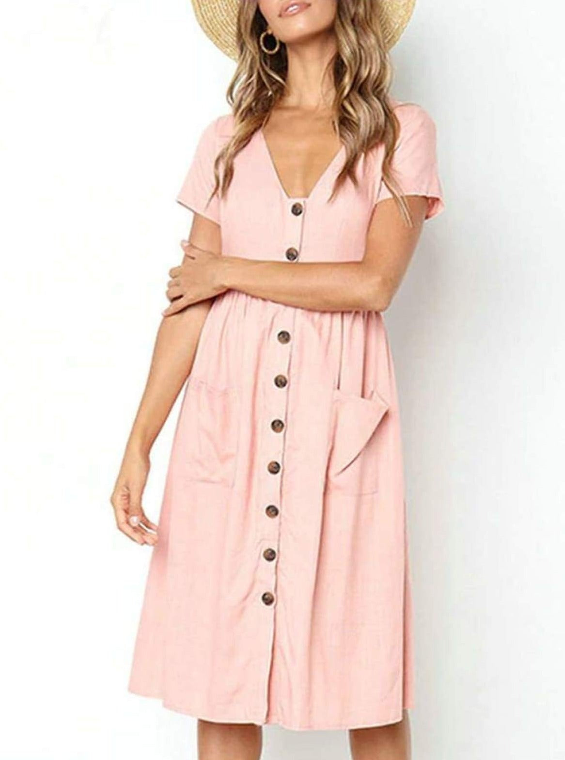 Womens Button Down Casual Dress With Front Square Pockets - Womens Dresses