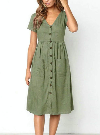Womens Button Down Casual Dress With Front Square Pockets - Womens Dresses