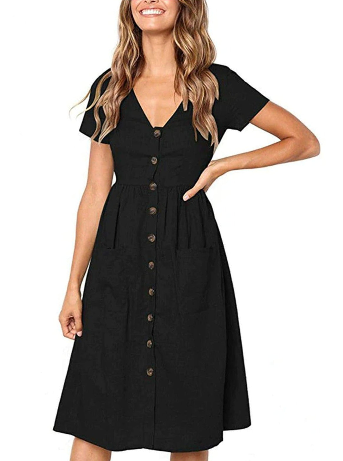 Womens Button Down Casual Dress With Front Square Pockets - Black / S - Womens Dresses