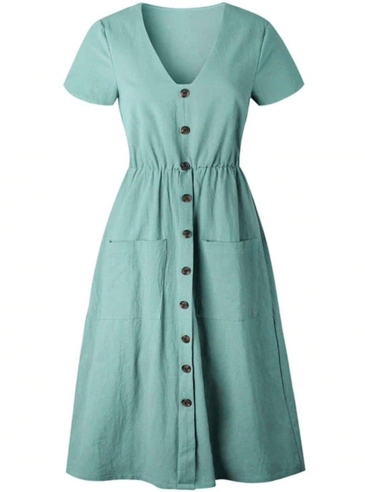 Womens Button Down Casual Dress With Front Square Pockets - Blue / S - Womens Dresses