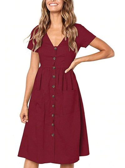Womens Button Down Casual Dress With Front Square Pockets - Burgundy / S - Womens Dresses