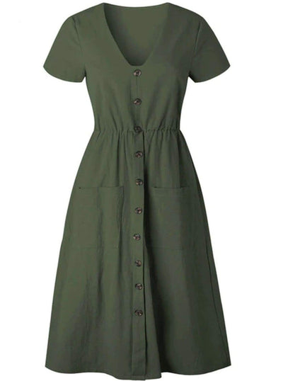 Womens Button Down Casual Dress With Front Square Pockets - Green / S - Womens Dresses