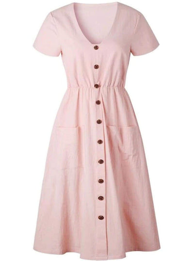 Womens Button Down Casual Dress With Front Square Pockets - Pink / S - Womens Dresses