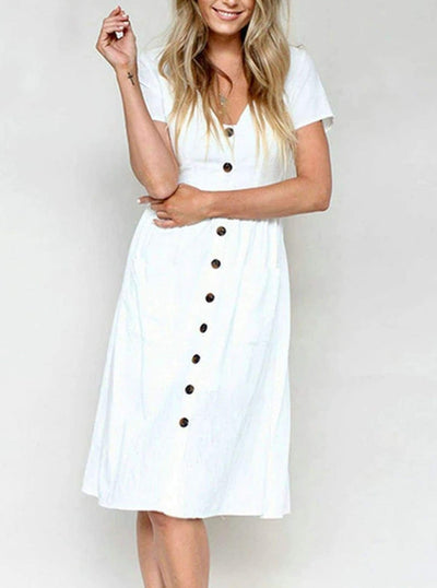 Womens Button Down Casual Dress With Front Square Pockets - White / S - Womens Dresses