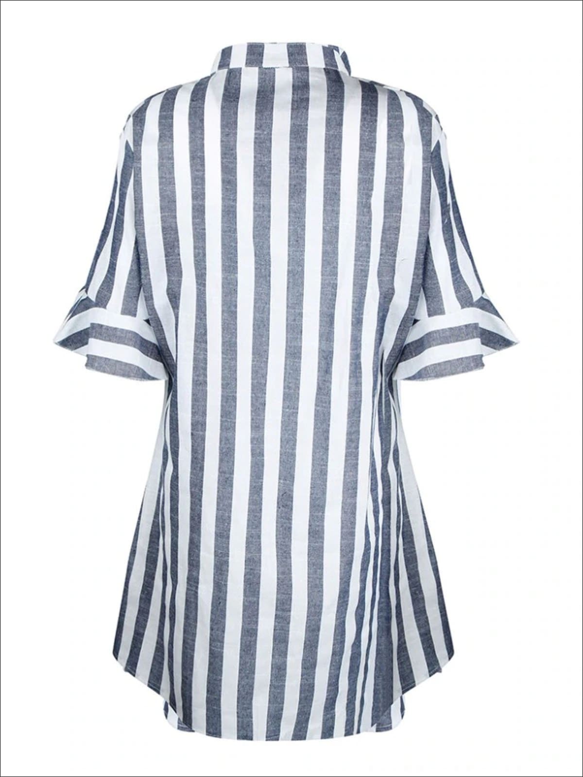 Womens Button Up Striped Tunic Blouse With Half Ruffle Sleeve - Womens Tops