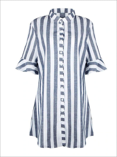 Womens Button Up Striped Tunic Blouse With Half Ruffle Sleeve - S / White - Womens Tops