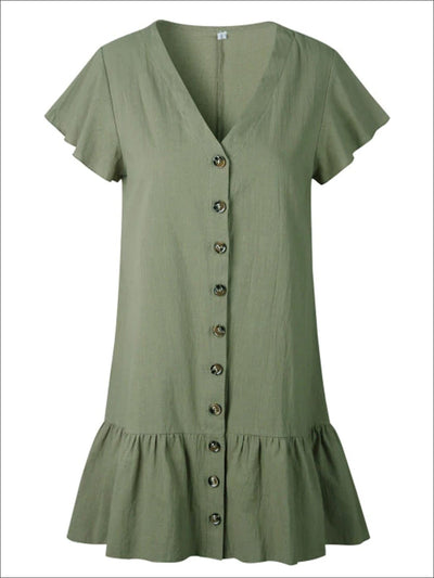 Womens Button Up V-Neck Ruffled Hem Casual Dress - Green / S - Womens Dresses