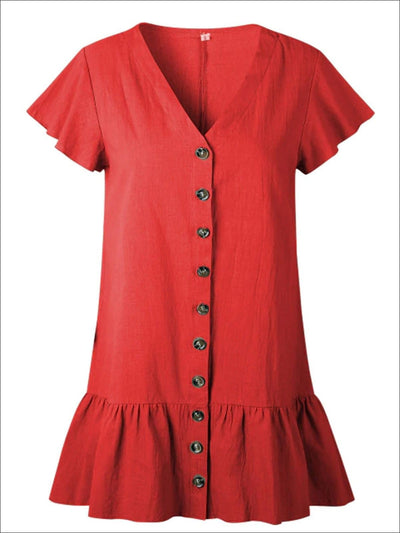 Womens Button Up V-Neck Ruffled Hem Casual Dress - Red / S - Womens Dresses