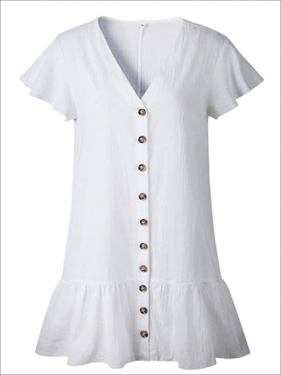 Womens Button Up V-Neck Ruffled Hem Casual Dress - White / S - Womens Dresses