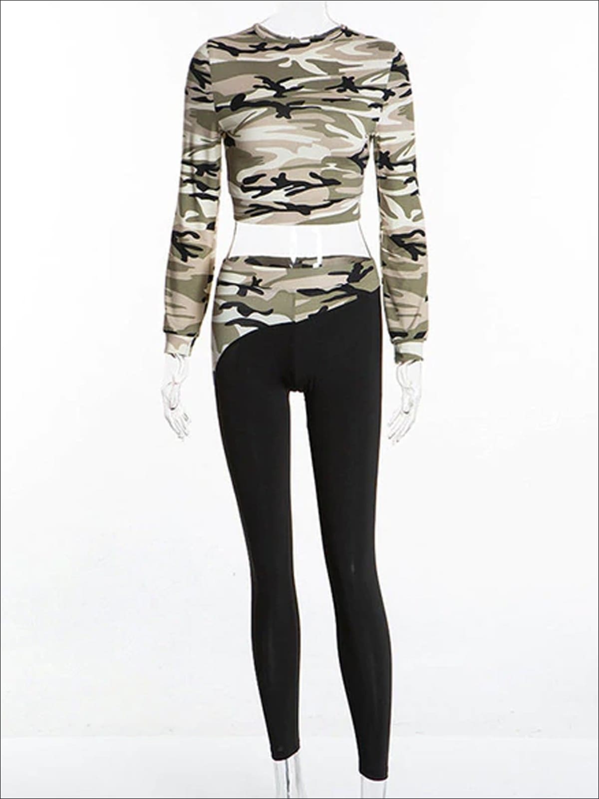 Womens Camo Print Long Sleeve Crop Top & Leggings Set - Grey / S - Womens Activewear