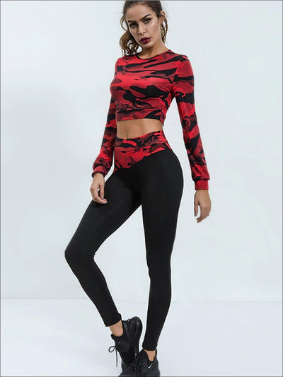 Womens Camo Print Long Sleeve Crop Top & Leggings Set - Red / S - Womens Activewear