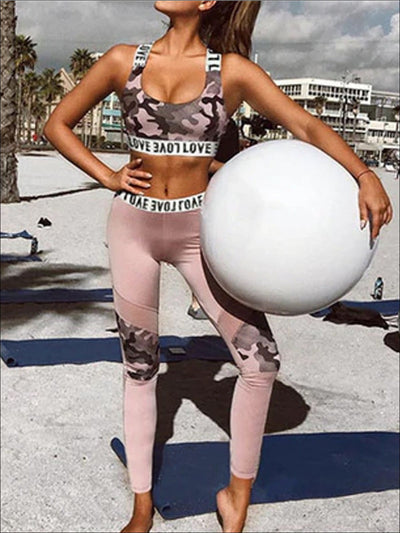Womens Camo Print Sports Bra & Mesh Leggings Set (3 color Options) - Womens Activewear